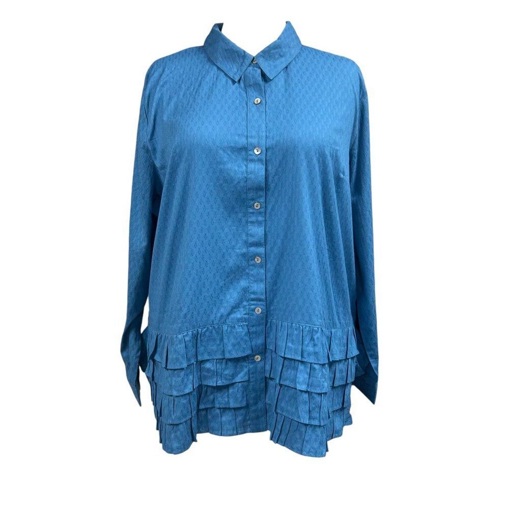 NWOT Logo By Lori Goldstein Blouse Womens Sz XL Blue Button Up Tiered Ruffle